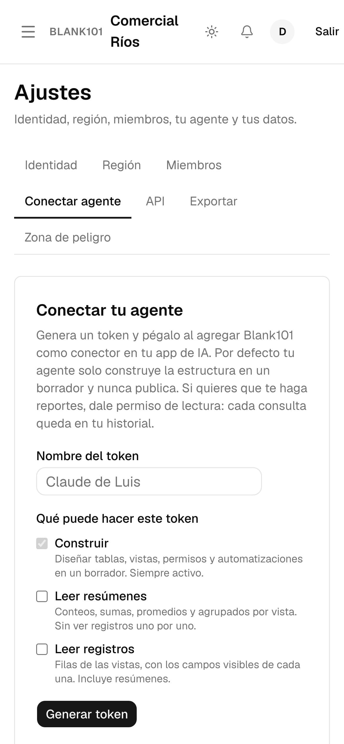 Pantalla Conectar tu agente con el token y la dirección del conector (en el teléfono)
