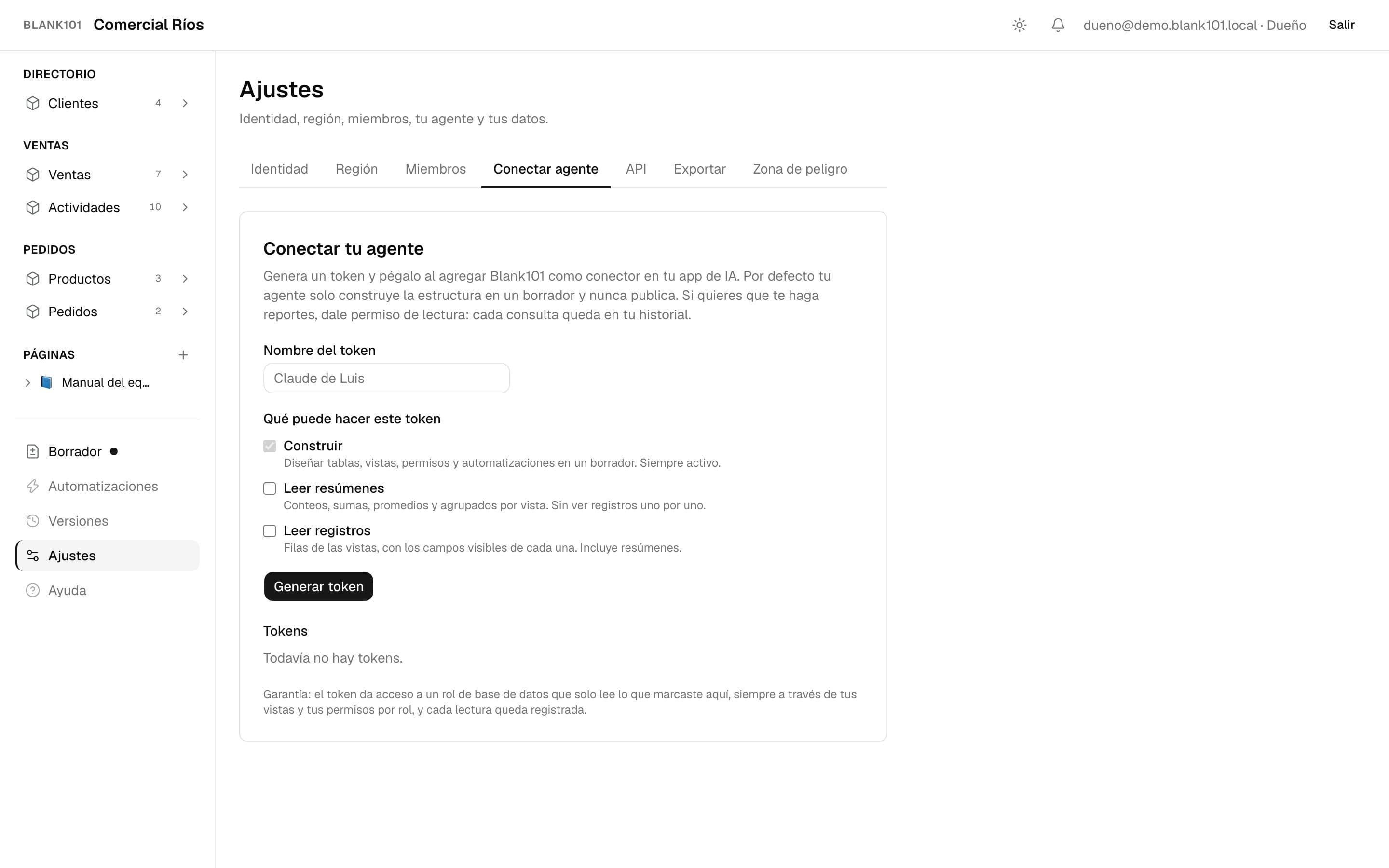 Pantalla para conectar tu agente con permisos
