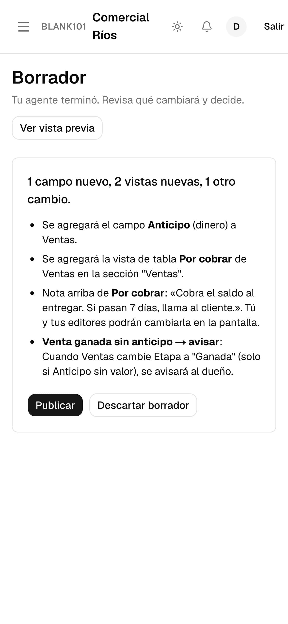 Borrador por aprobar con la lista de cambios y la vista previa (en el teléfono)