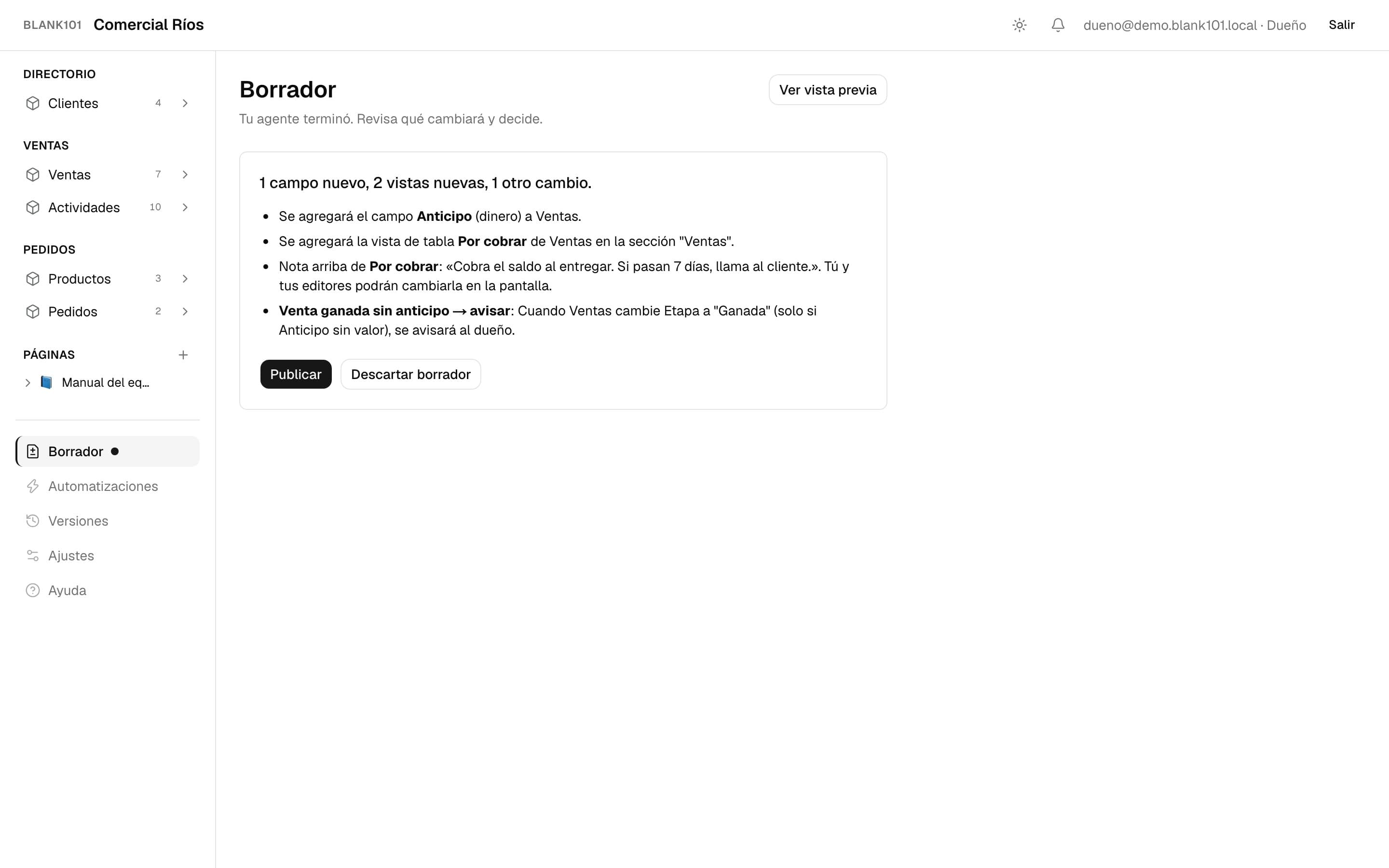 Borrador por aprobar con la lista de cambios y la vista previa