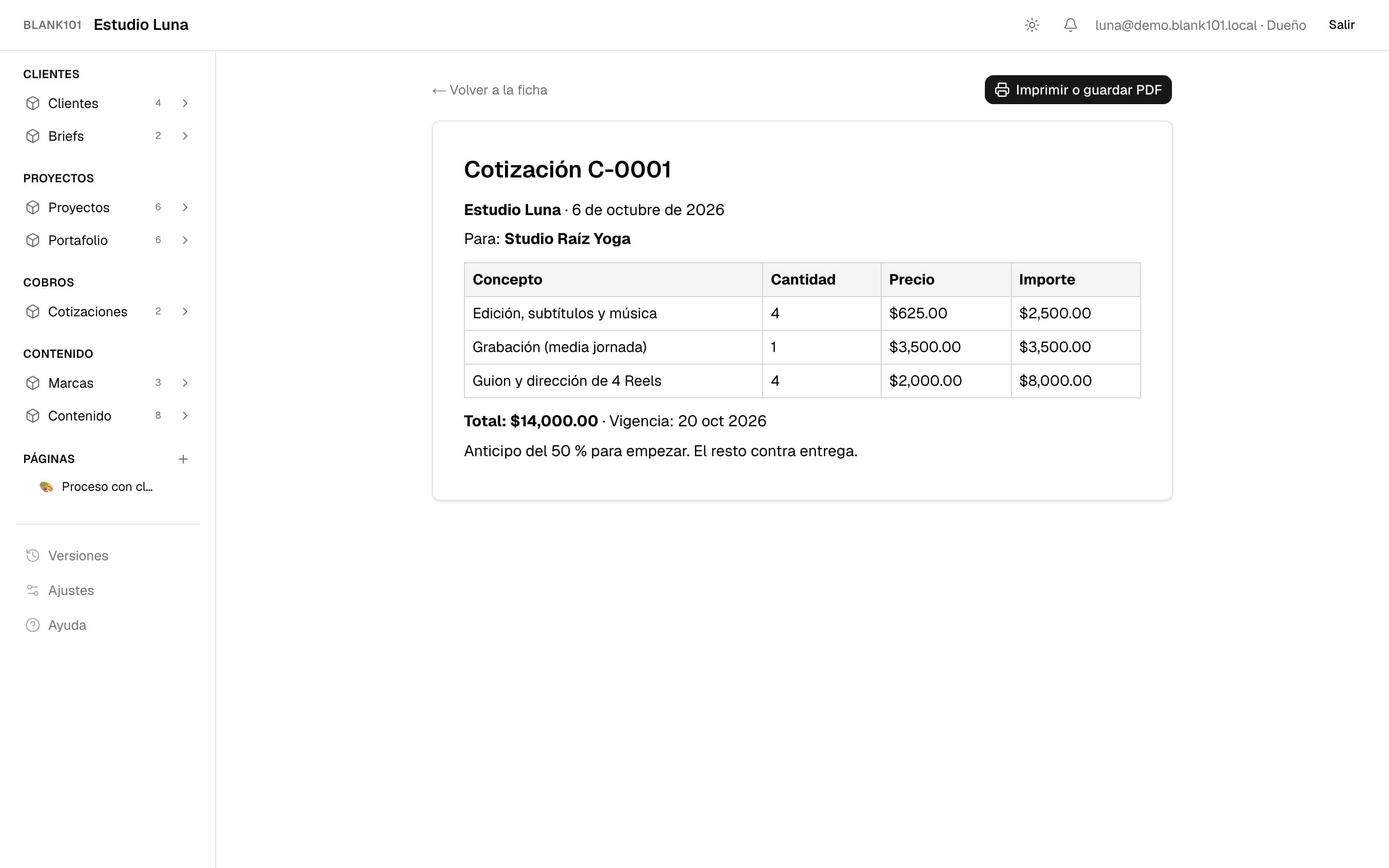 Cotización con conceptos, importes y total, lista para imprimir