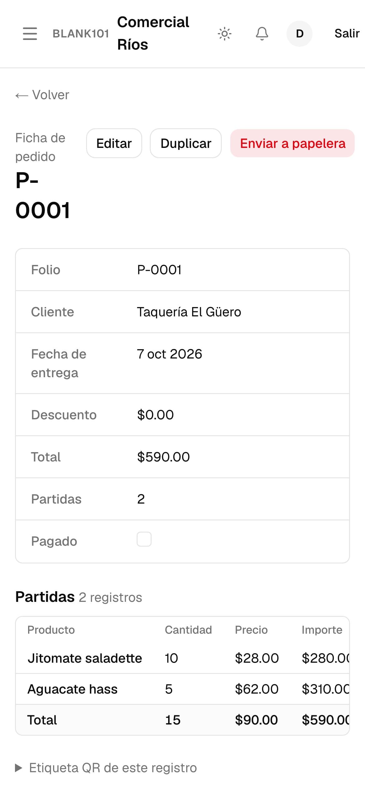 Pedido con folio, cliente, productos, cantidades y total calculado (en el teléfono)