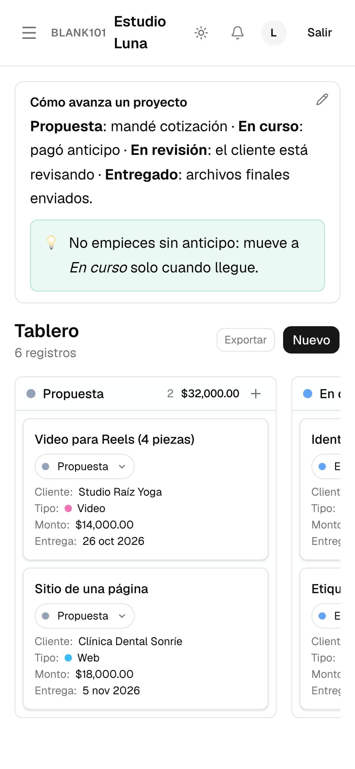 Tablero de proyectos por etapa con montos por columna (en el teléfono)